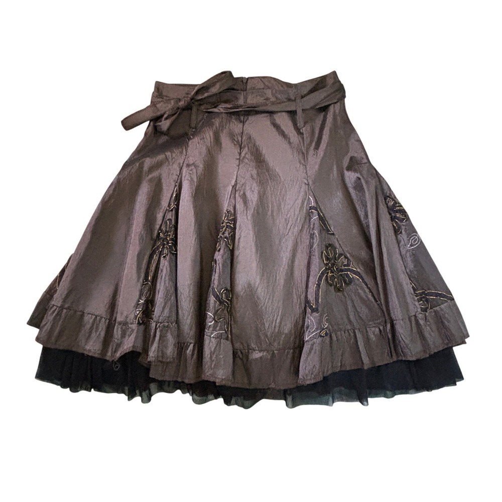 Y2K Brown Embroidered Taffeta Layered Midi Skirt with Tulle Trim and Waist Tie